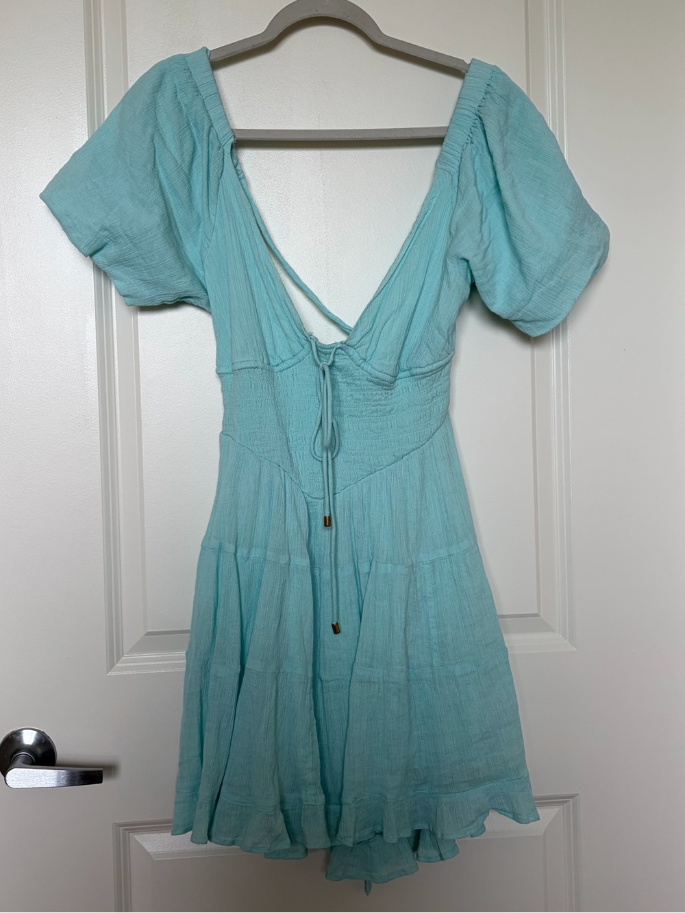 FREE PEOPLE- Puff-Sleeve V-Neck Mini Dress in Aqua
